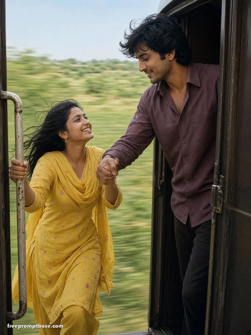 90s Couple Photo Prompt: Train Door Romance Film Still, image 2