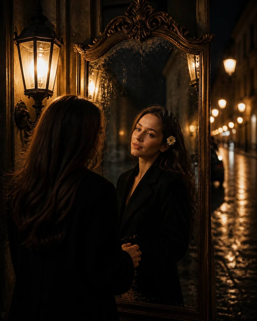 Vintage Mirror Reflection Night Portrait Prompt, image 2
