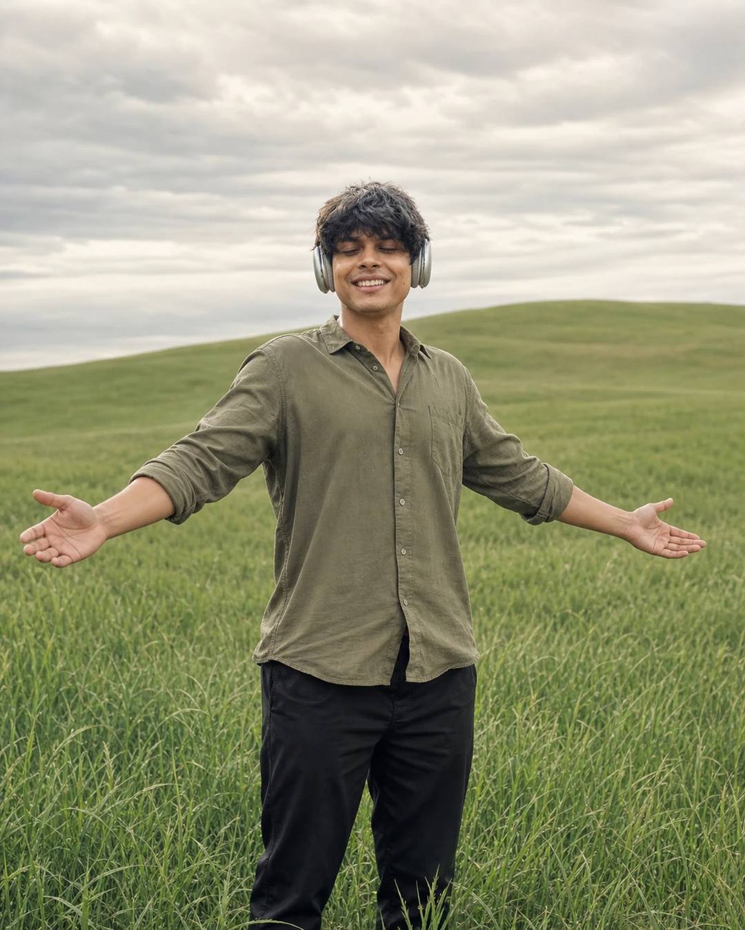 Green Field Headphones Arms Outstretched Photo Prompt, image 2