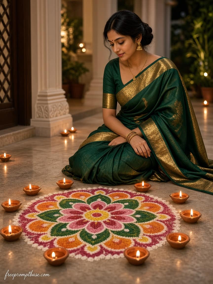 Silk Saree Rangoli Gemini Diwali Photo Prompt Woman, image 2