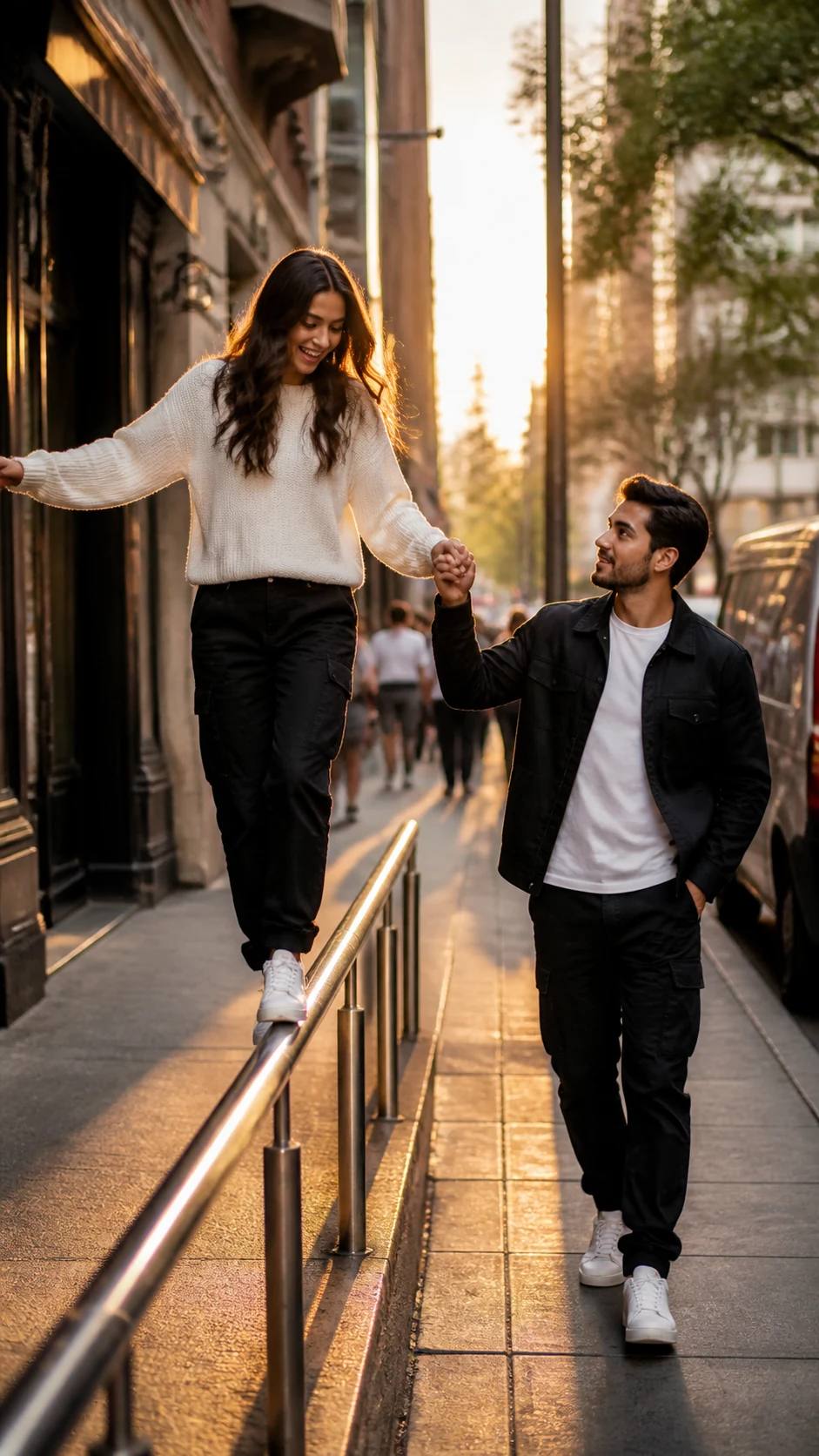 Golden-Hour Handrail Street Stroll Couple Prompt, image 3