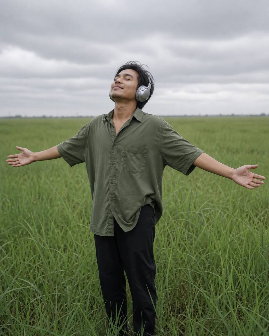 Green Field Headphones Arms Outstretched Photo Prompt, image 4