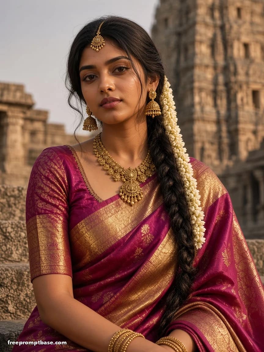 Trending Saree Prompt: Kanjeevaram Temple Steps, image 4