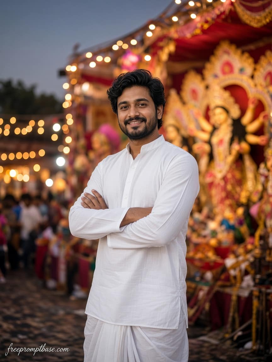 Dhoti Kurta Dhak Bokeh Gemini Puja Photo Prompt, image 3