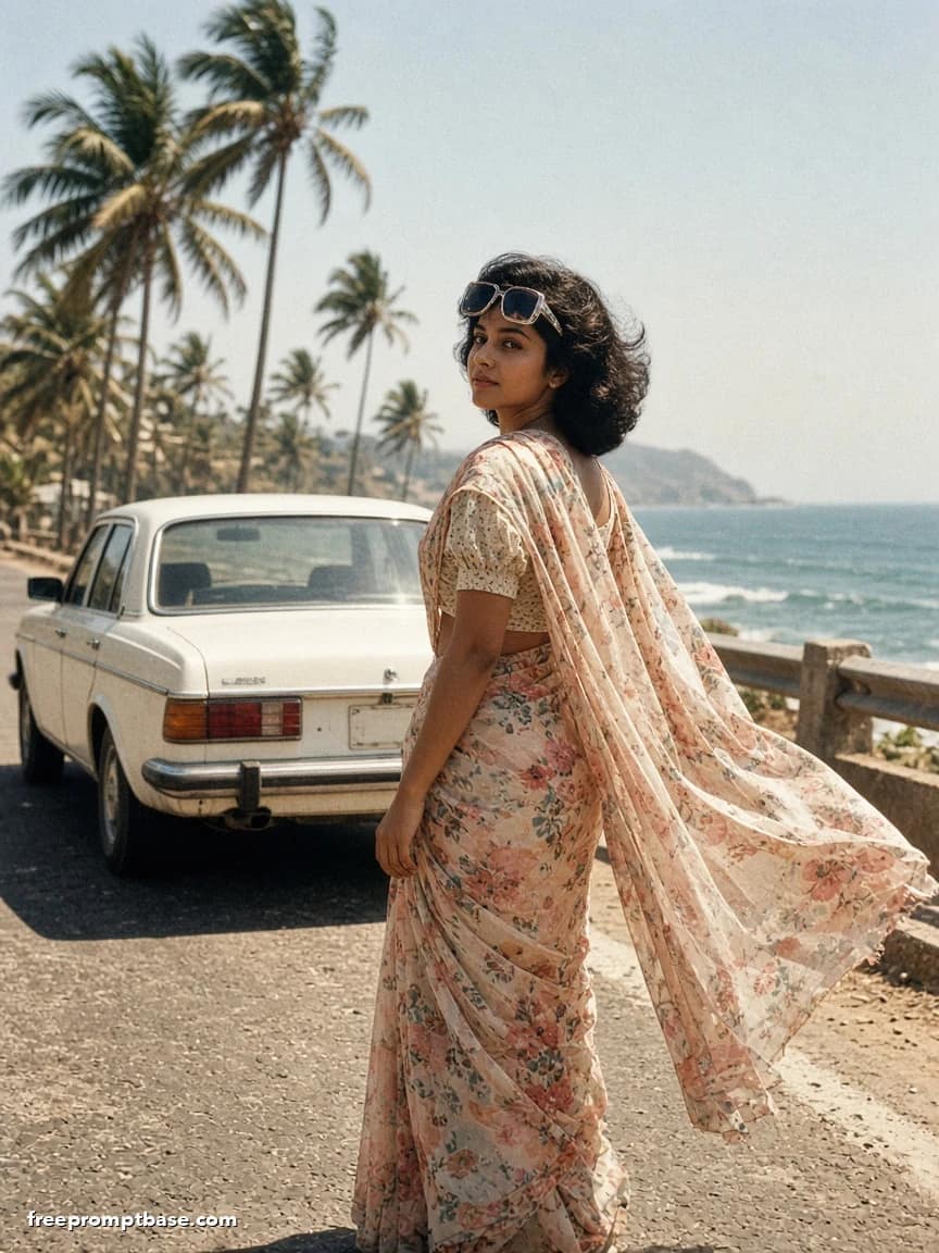 Gemini 80s Photo Prompt: Chiffon Saree Vintage Car, image 3