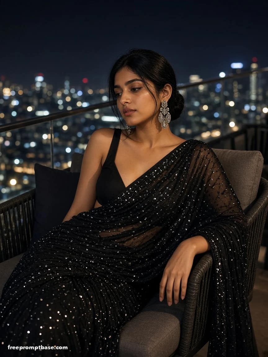 Black Saree Prompt for Gemini: City Night Glam, image 3
