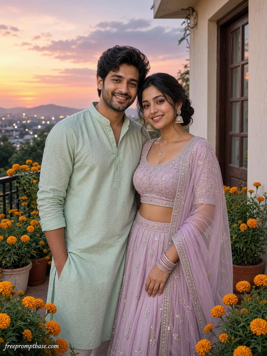Pastel Balcony Gemini Navratri Couple Photo Prompt, image 3