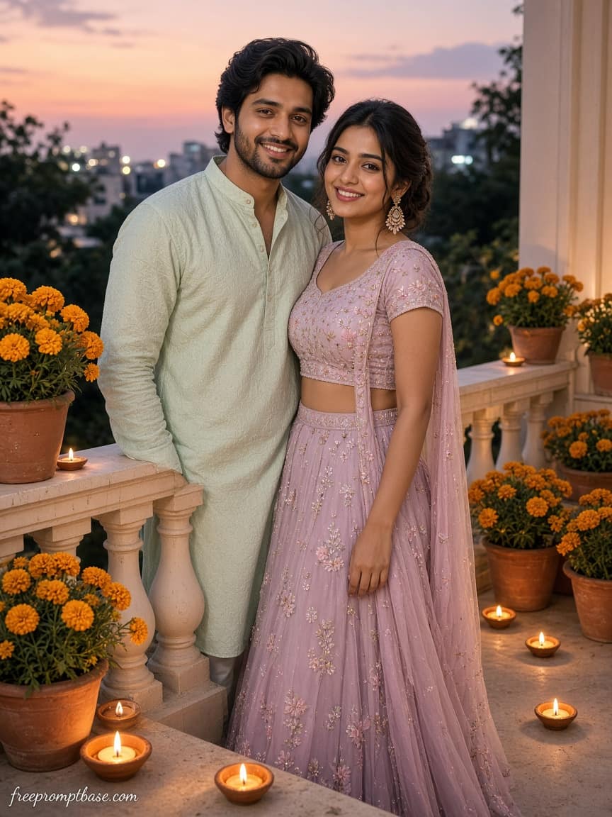 Pastel Balcony Gemini Navratri Couple Photo Prompt, image 2