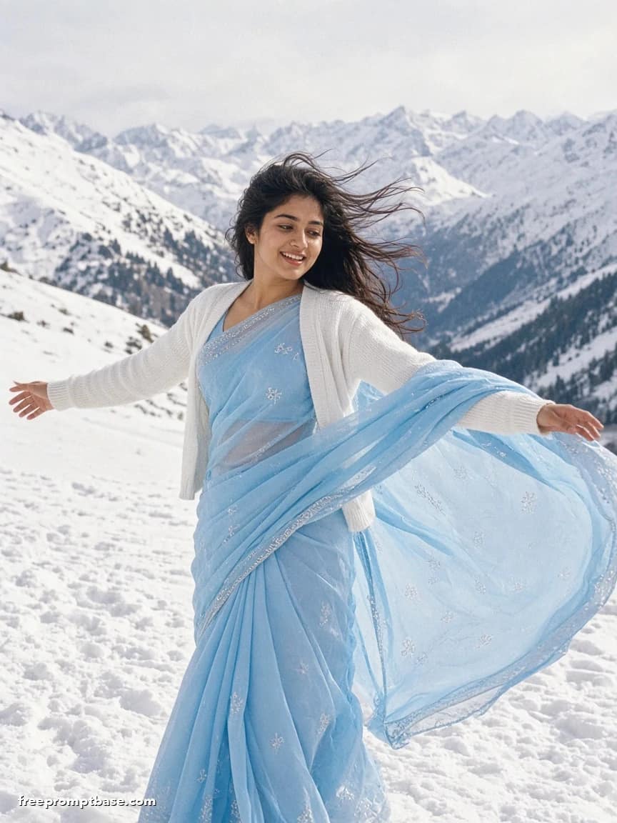 90s Bollywood Look Prompt: Snow Chiffon Saree, image 2