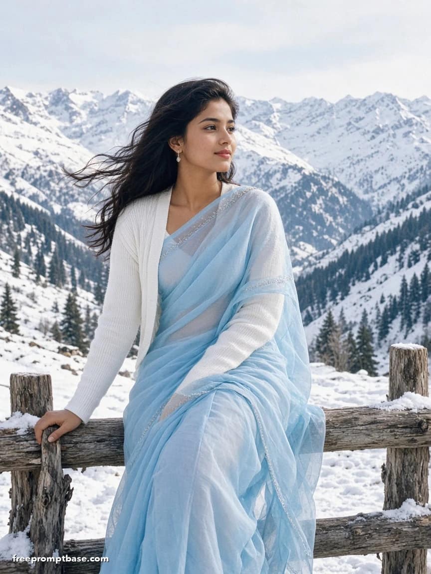90s Bollywood Look Prompt: Snow Chiffon Saree, image 3