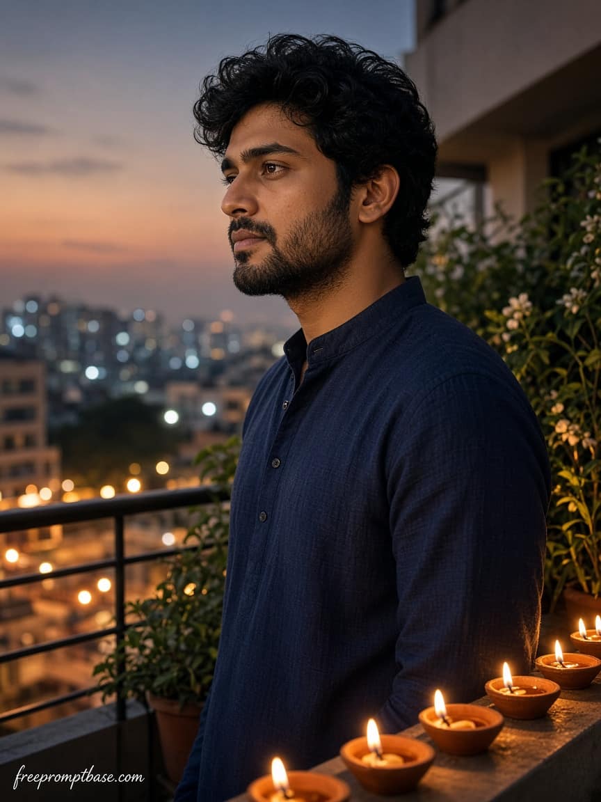 Navy Kurta Balcony Diyas Gemini Diwali Photo Prompt, image 4