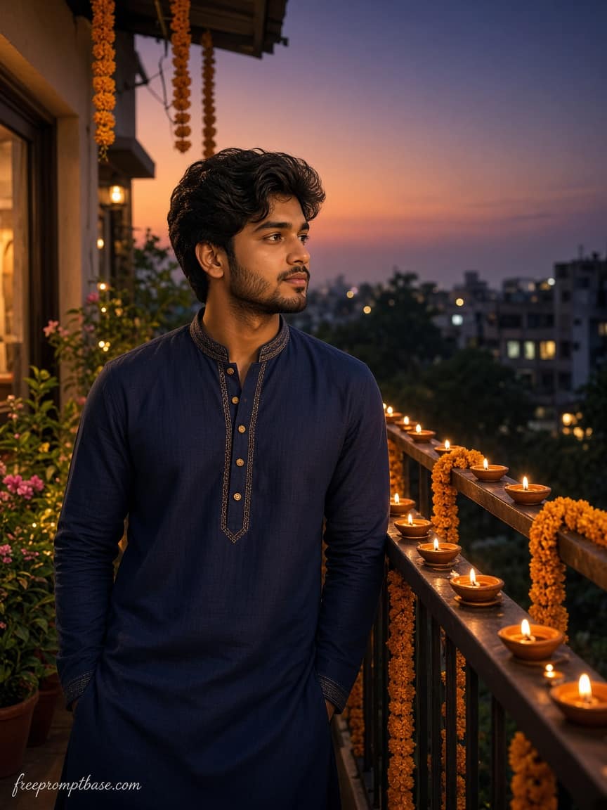 Navy Kurta Balcony Diyas Gemini Diwali Photo Prompt, image 2