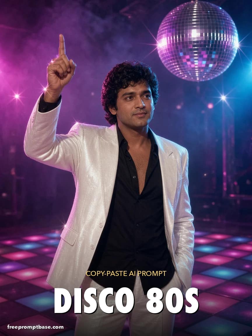 80s Look Prompt: Bollywood Disco White Suit Photo Edit, image 1