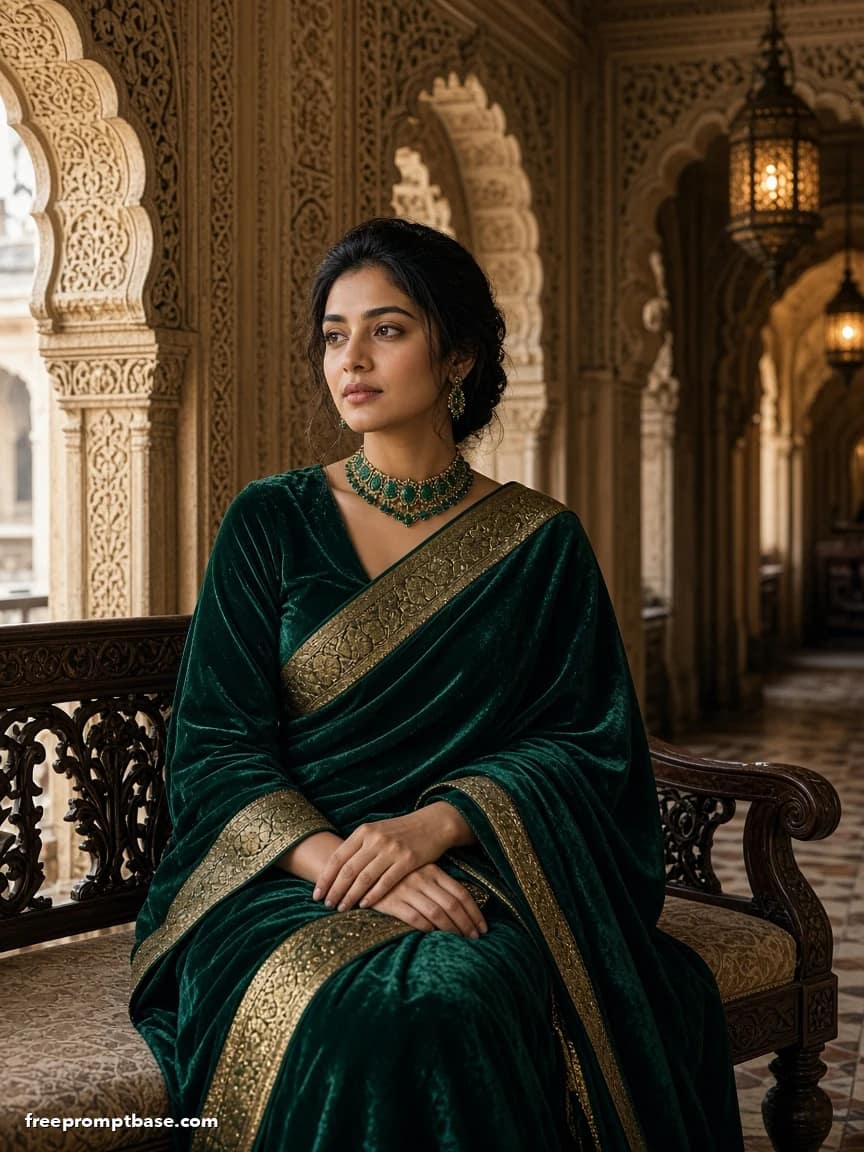 Saree Prompt for ChatGPT: Velvet Winter Palace, image 3