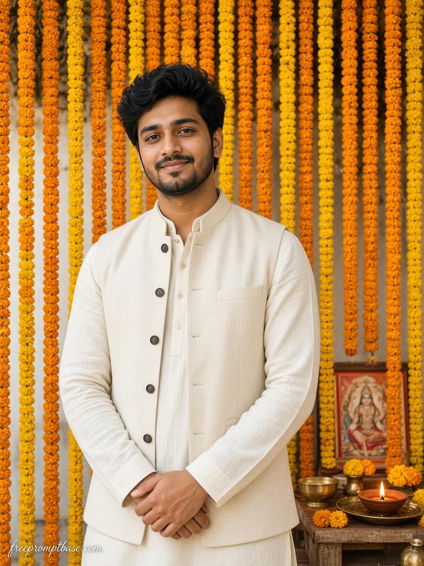 Cream Kurta Marigold Gemini Navratri Photo Prompt Boy, image 3