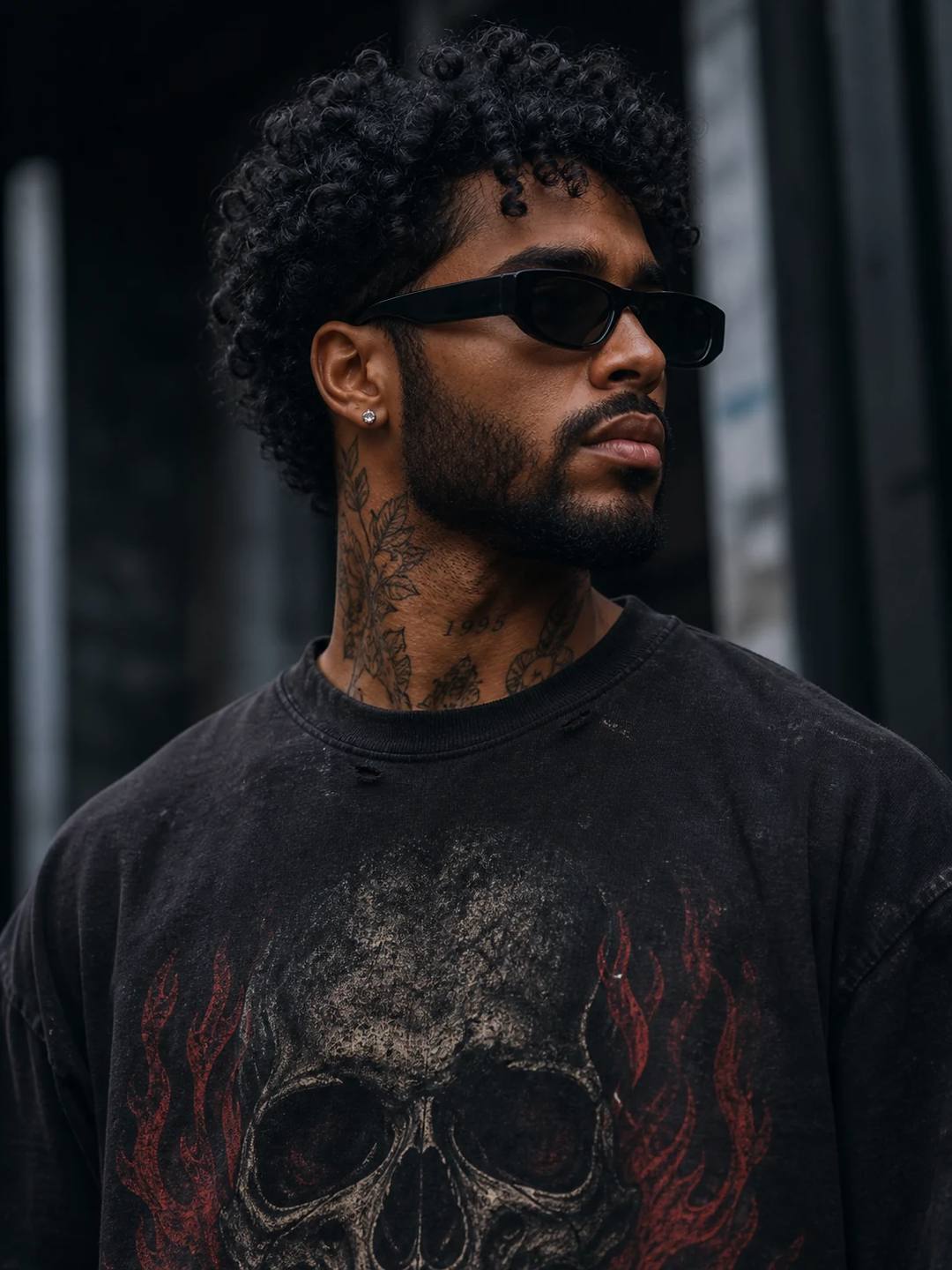 Cinematic Moody Neck Tattoo Graphic Tee Portrait Prompt, image 3