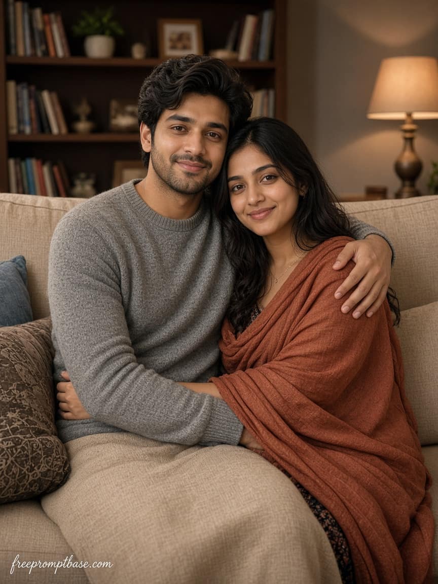 Seated Sofa Hug Gemini Couple Photo Prompt Warm, image 3