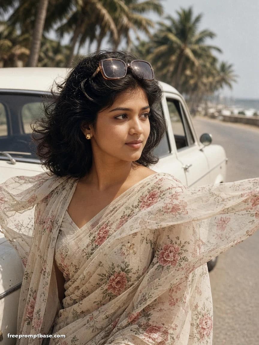 Gemini 80s Photo Prompt: Chiffon Saree Vintage Car, image 4