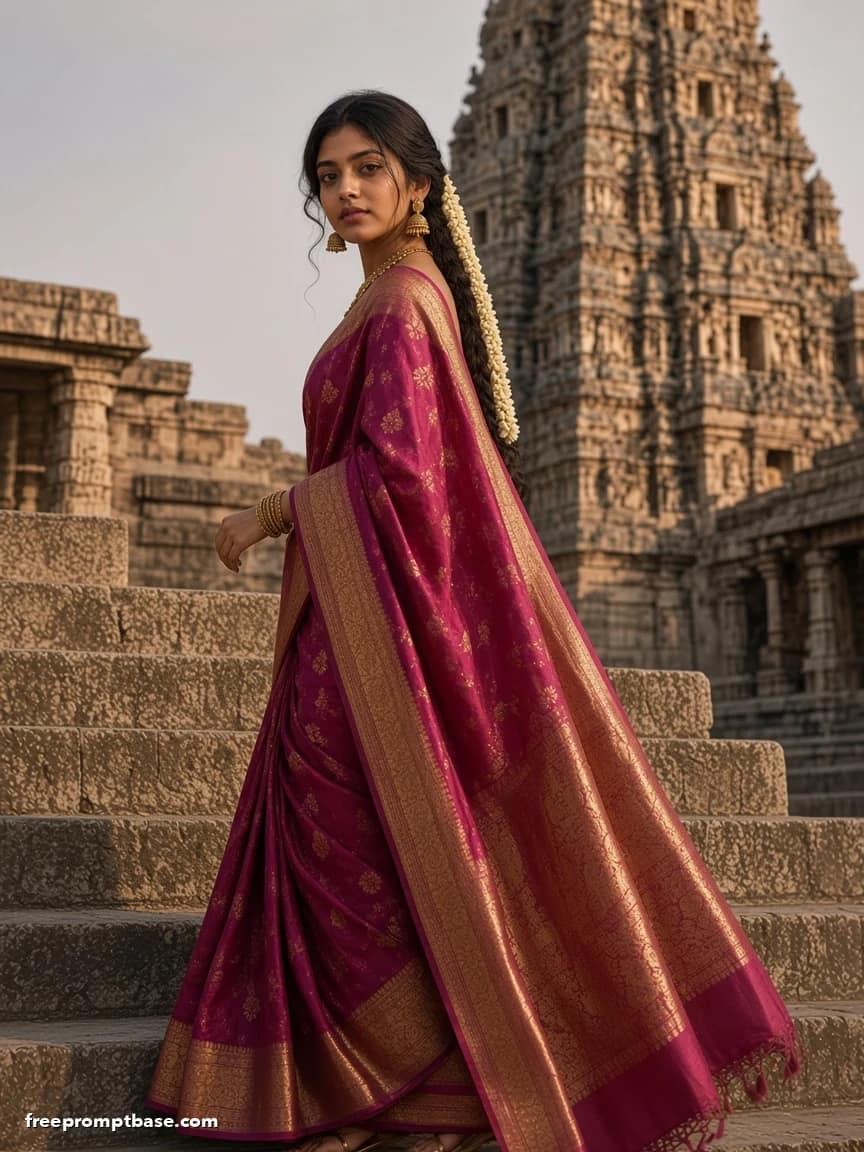 Trending Saree Prompt: Kanjeevaram Temple Steps, image 3