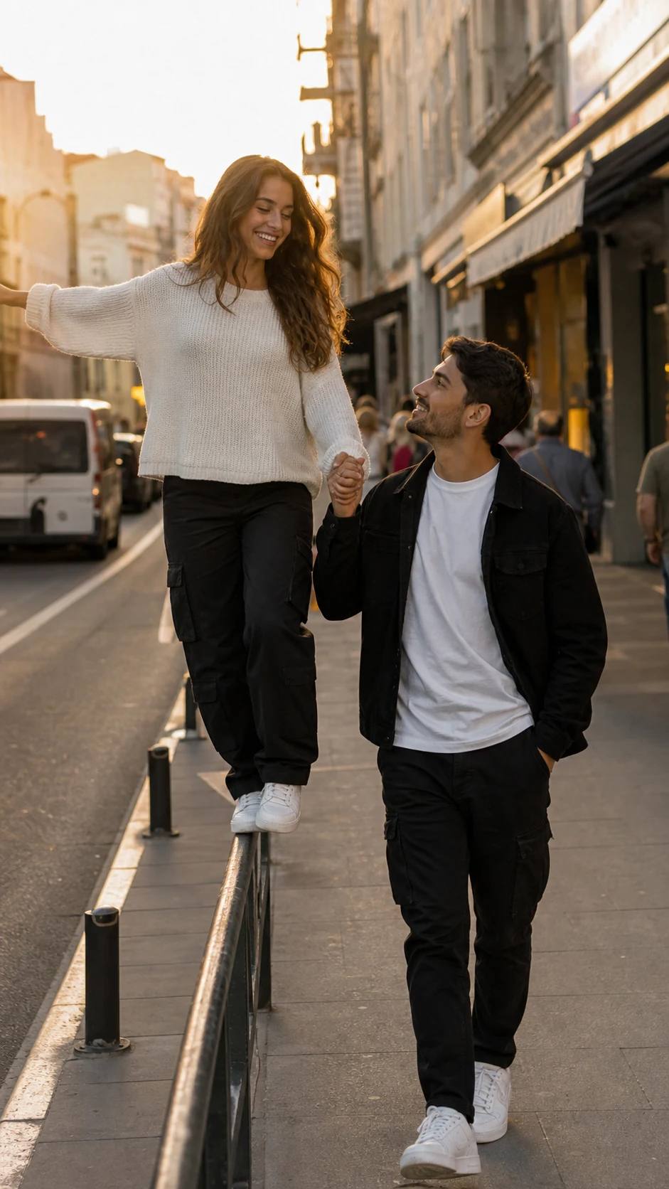 Golden-Hour Handrail Street Stroll Couple Prompt, image 4