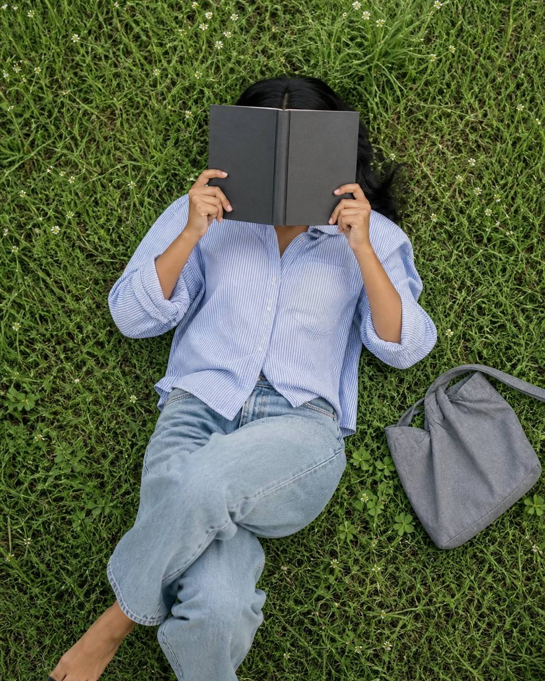 Lying on Back with Book Over Face Photo Prompt, image 3
