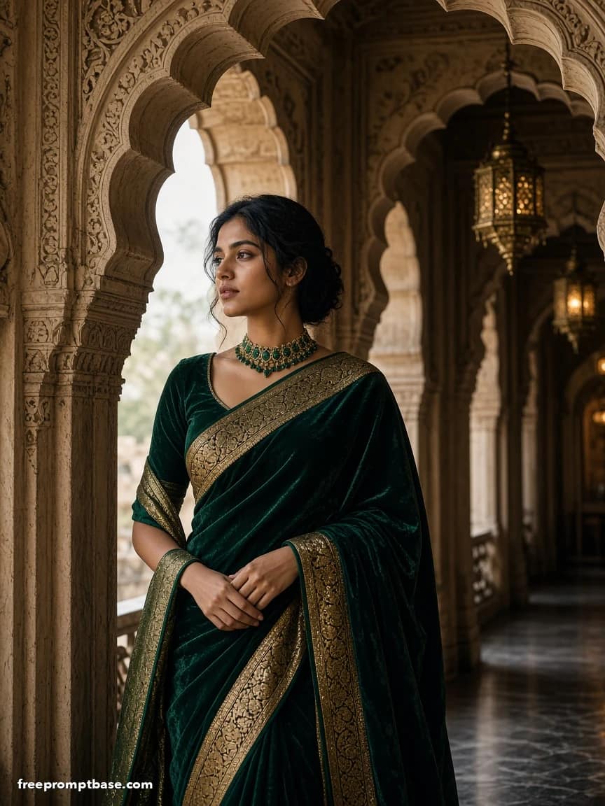 Saree Prompt for ChatGPT: Velvet Winter Palace, image 2