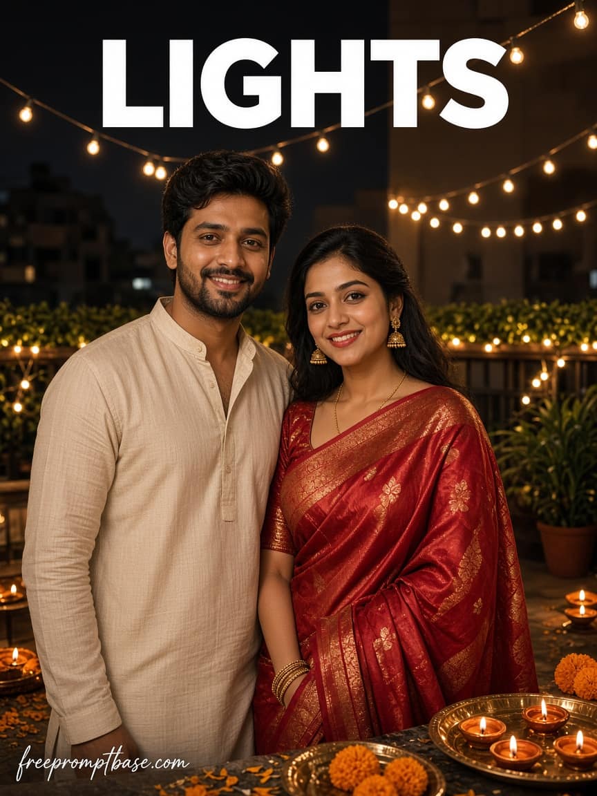 String Lights Gemini Diwali Couple Photo Prompt, image 1