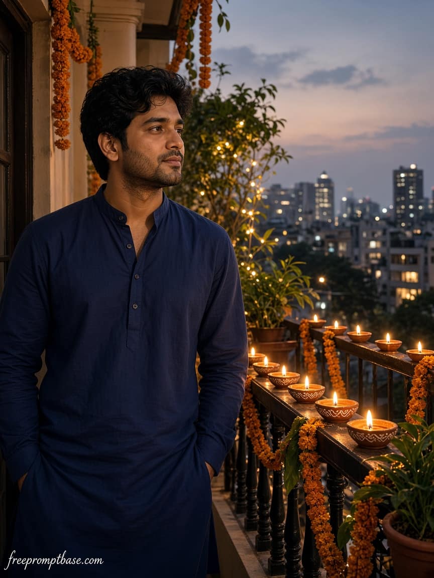 Navy Kurta Balcony Diyas Gemini Diwali Photo Prompt, image 3