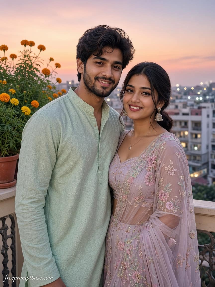 Pastel Balcony Gemini Navratri Couple Photo Prompt, image 4