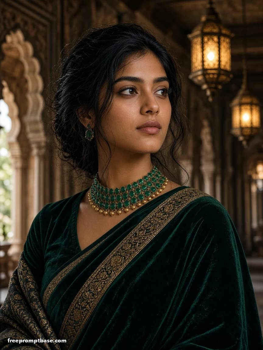 Saree Prompt for ChatGPT: Velvet Winter Palace, image 4