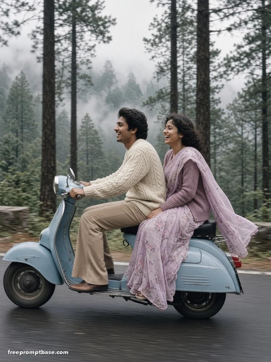 80s Couple Photo Prompt: Vintage Scooter Hill Station, image 3