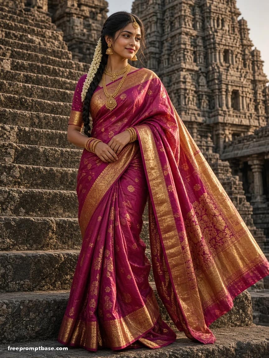Trending Saree Prompt: Kanjeevaram Temple Steps, image 2