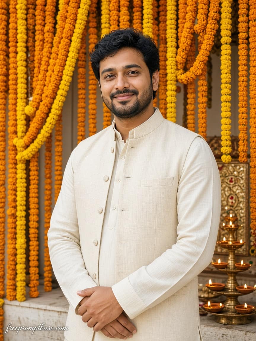 Cream Kurta Marigold Gemini Navratri Photo Prompt Boy, image 4