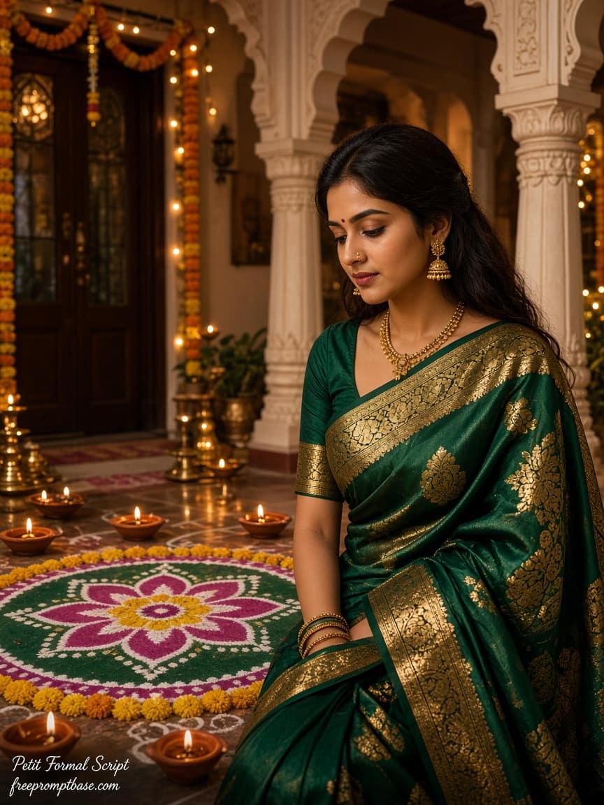 Silk Saree Rangoli Gemini Diwali Photo Prompt Woman, image 3