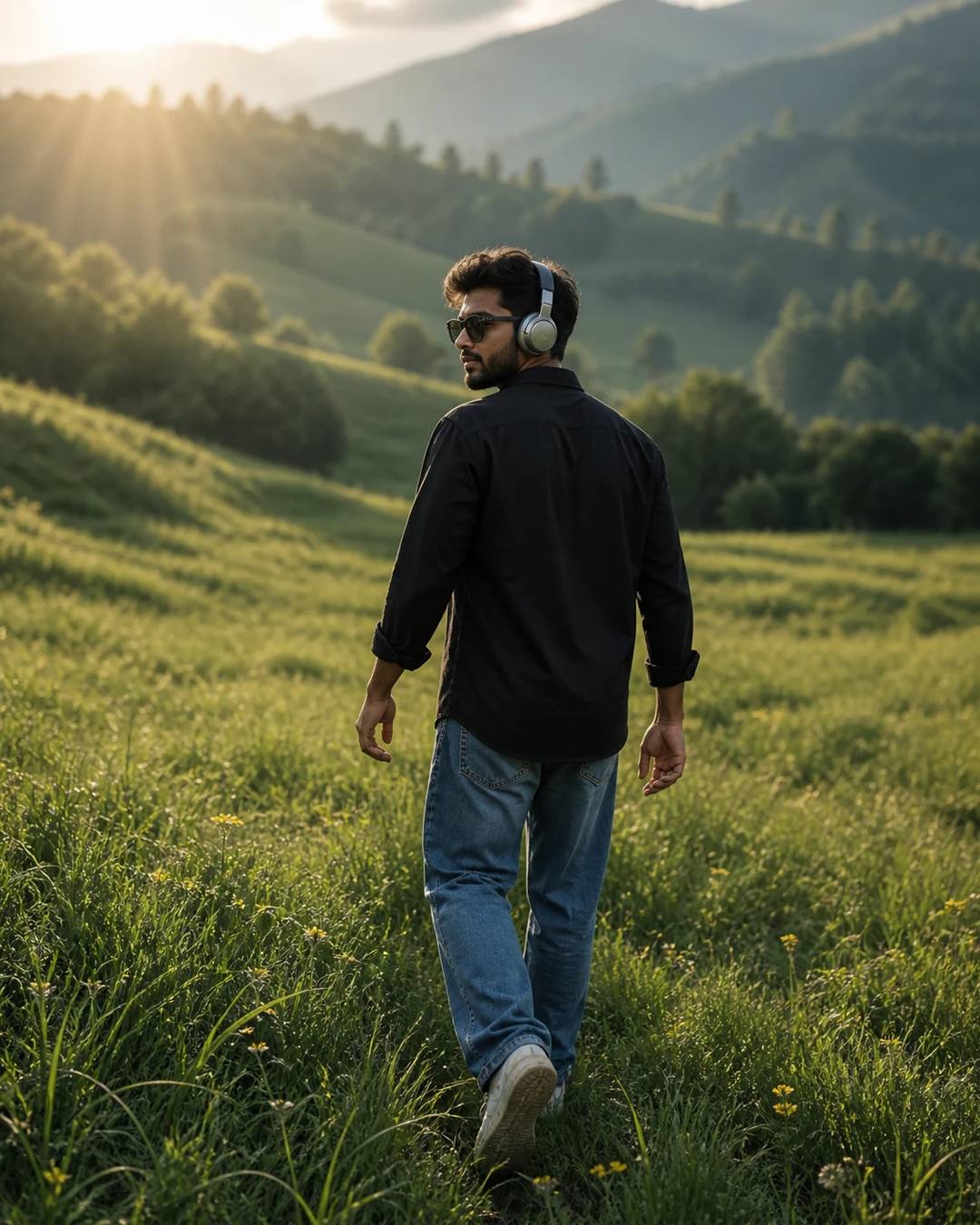 Golden Hour Meadow Headphones Walking Photo Prompt, image 3