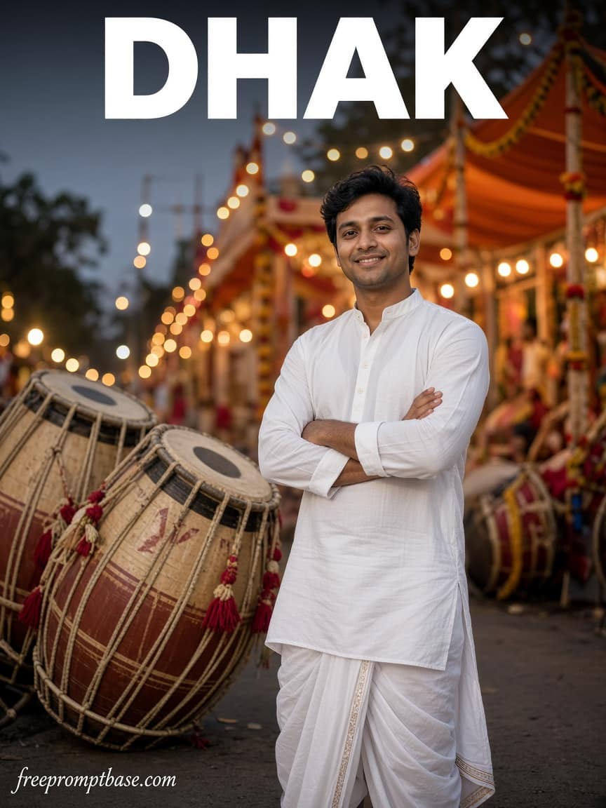 Dhoti Kurta Dhak Bokeh Gemini Puja Photo Prompt, image 1