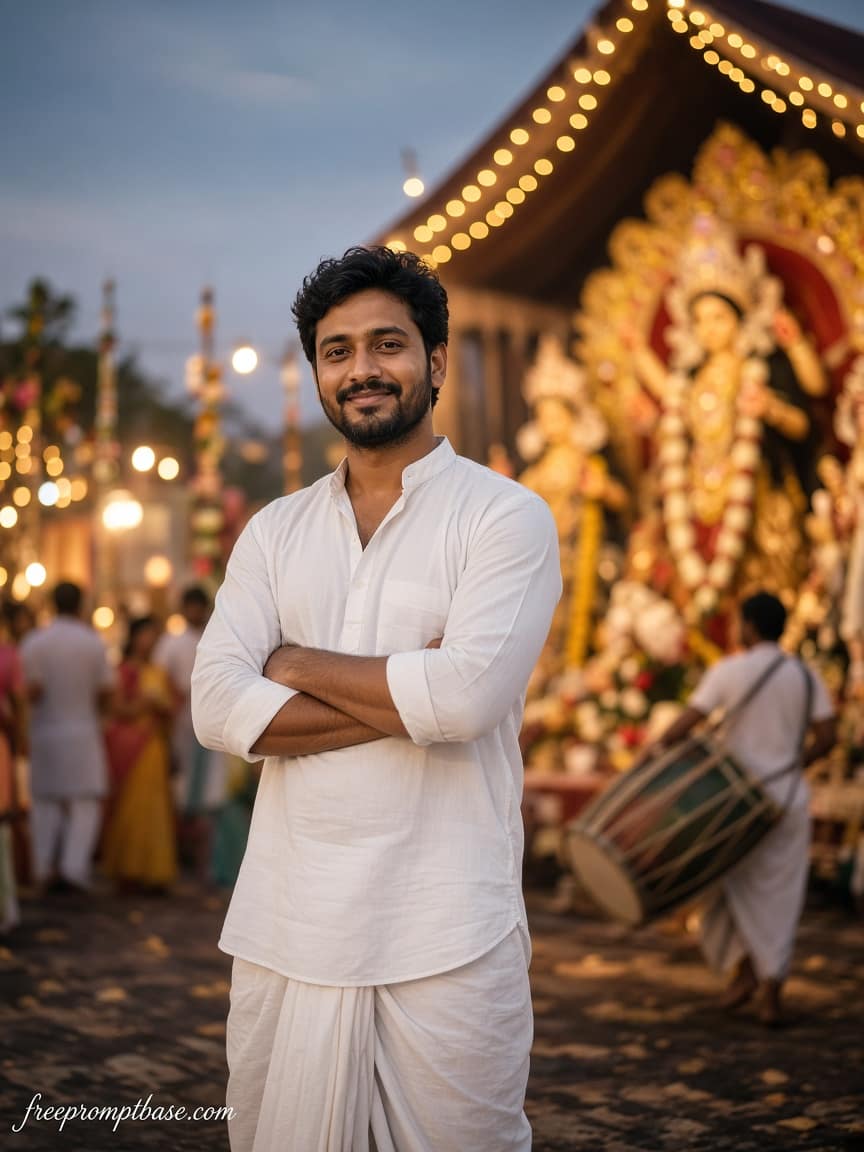 Dhoti Kurta Dhak Bokeh Gemini Puja Photo Prompt, image 2