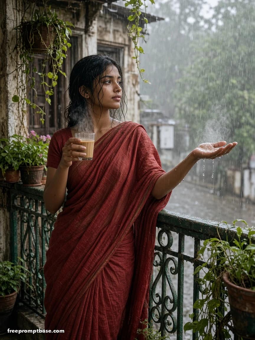 Gemini Saree Prompt: Monsoon Balcony Chai Photo Edit, image 2