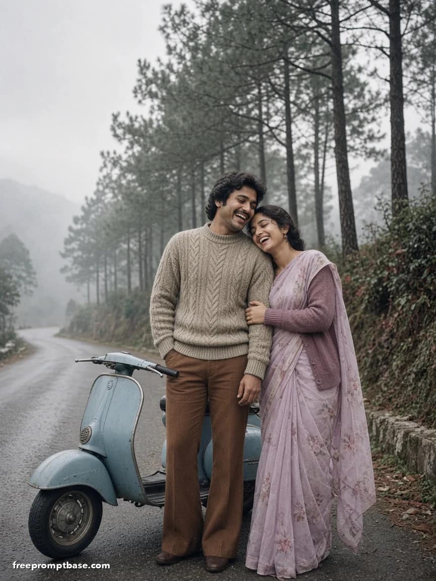 80s Couple Photo Prompt: Vintage Scooter Hill Station, image 2