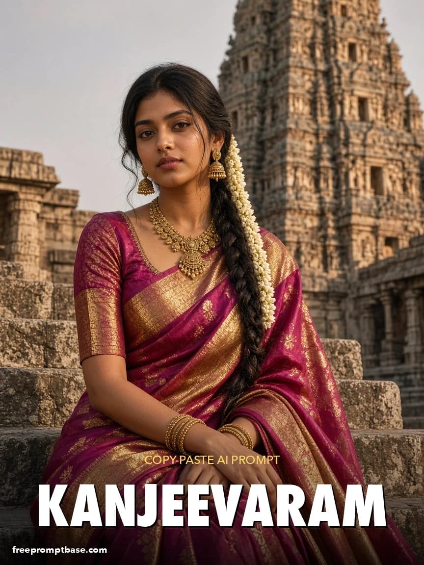 Trending Saree Prompt: Kanjeevaram Temple Steps, image 1