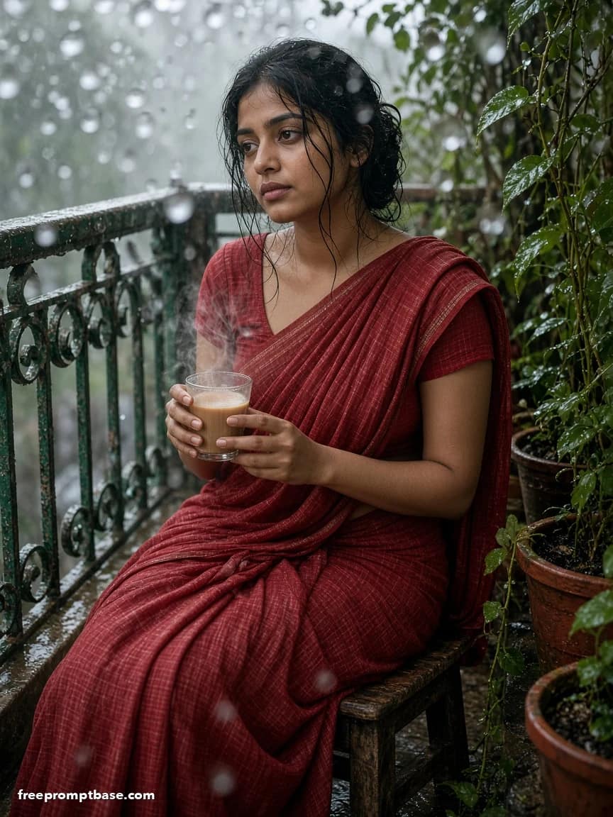 Gemini Saree Prompt: Monsoon Balcony Chai Photo Edit, image 3