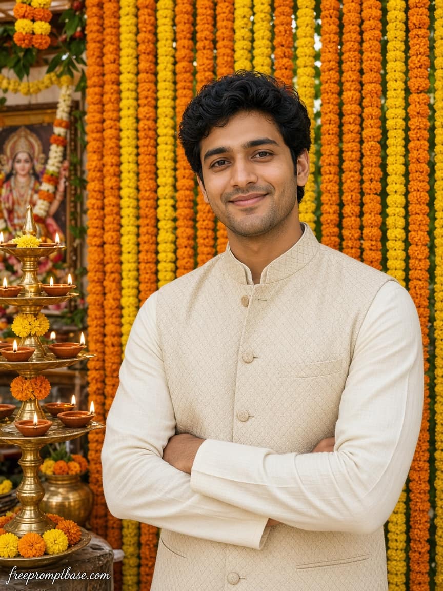 Cream Kurta Marigold Gemini Navratri Photo Prompt Boy, image 2