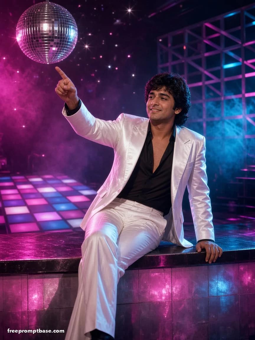 80s Look Prompt: Bollywood Disco White Suit Photo Edit, image 3