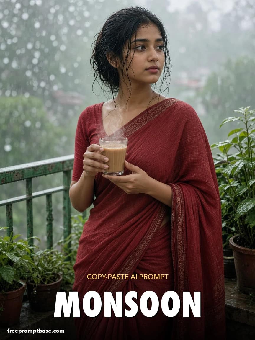 Gemini Saree Prompt: Monsoon Balcony Chai Photo Edit, image 1