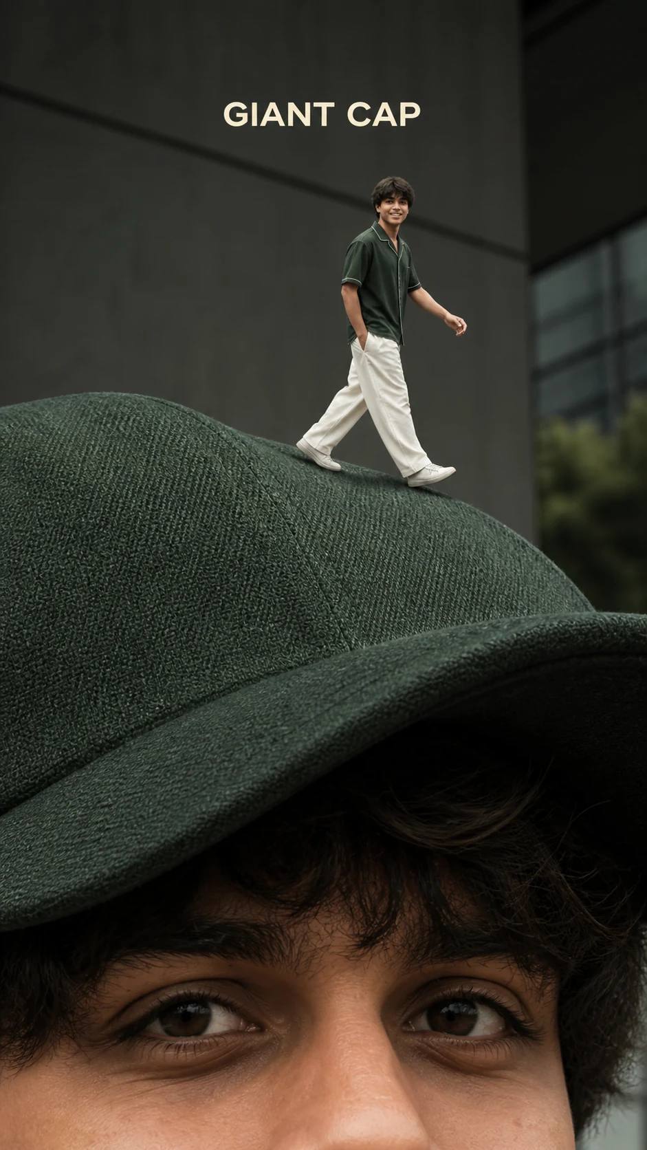 Giant Nike Cap Forced-Perspective Fashion Prompt, image 1