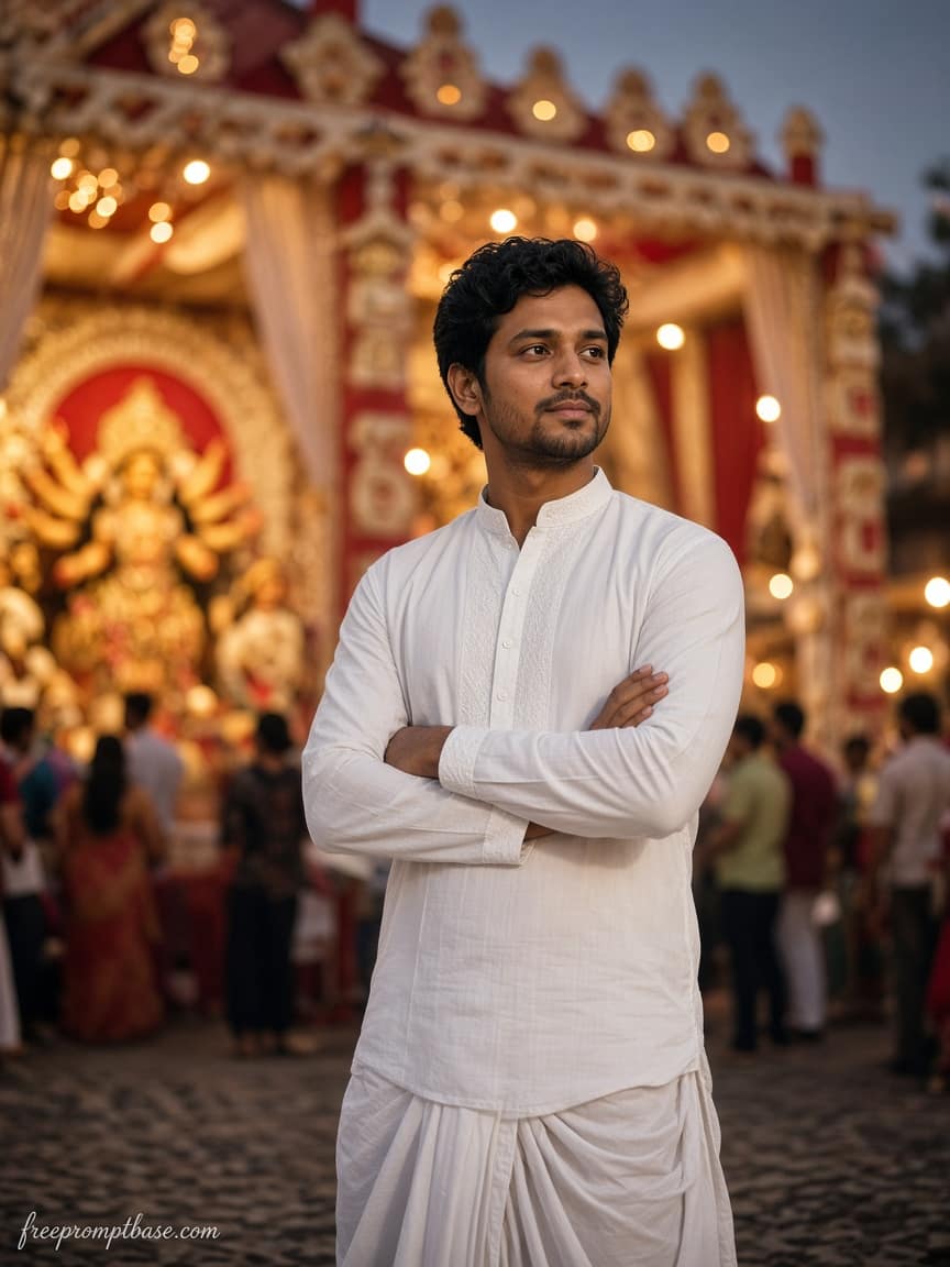 Dhoti Kurta Dhak Bokeh Gemini Puja Photo Prompt, image 4