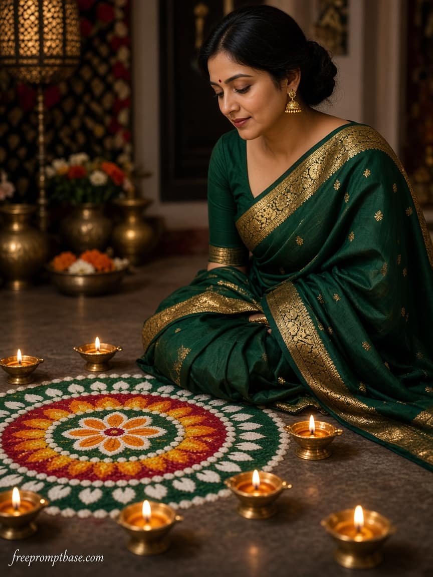 Silk Saree Rangoli Gemini Diwali Photo Prompt Woman, image 4