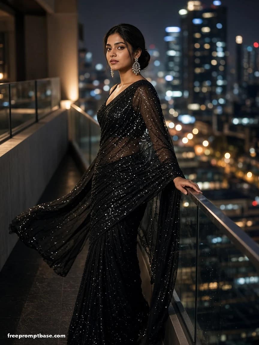 Black Saree Prompt for Gemini: City Night Glam, image 2