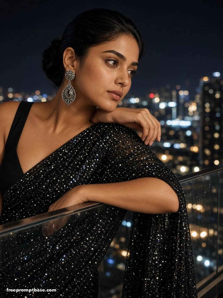Black Saree Prompt for Gemini: City Night Glam, image 4