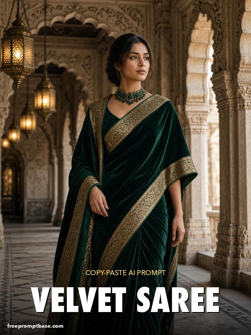 Saree Prompt for ChatGPT: Velvet Winter Palace, image 1